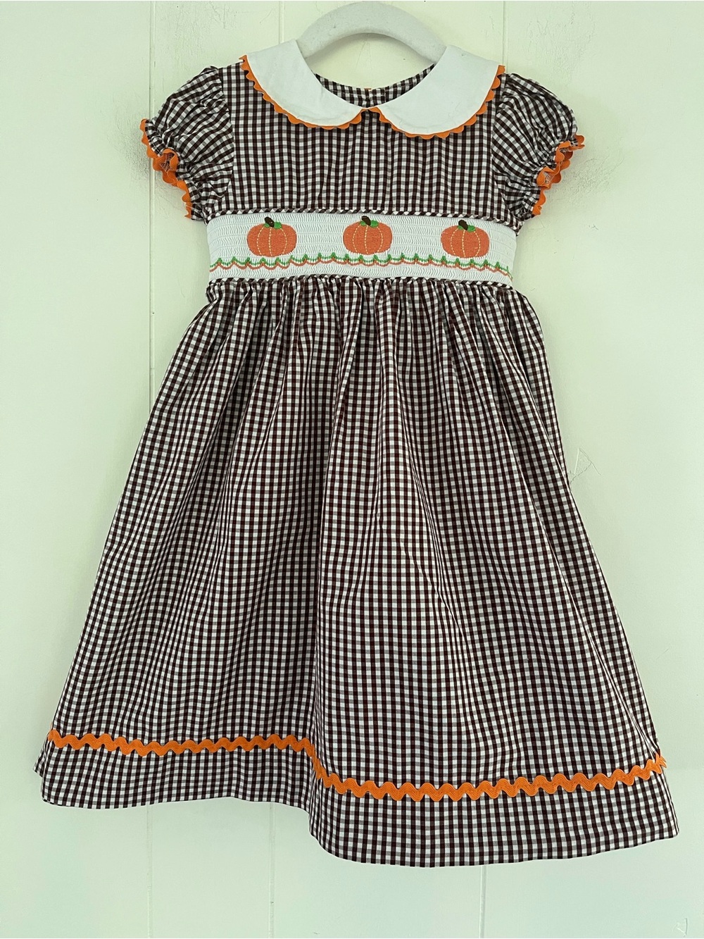 Marmellata Girls Brown Gingham Pumpkin Smocked Dress Size 4T Fall Thanksgiving
